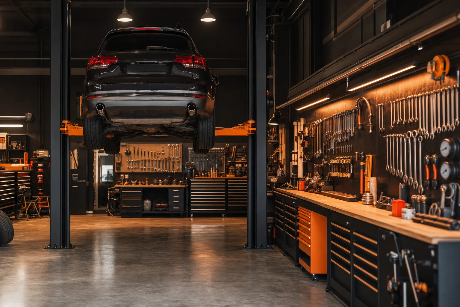 Diagnostic bay with labeled tool wall and vehicle on lift at qvantobiome workshop, 1200x800