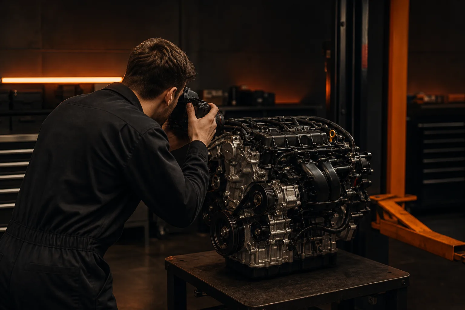 Mechanic photographing completed engine assembly for quality documentation, 1200x800