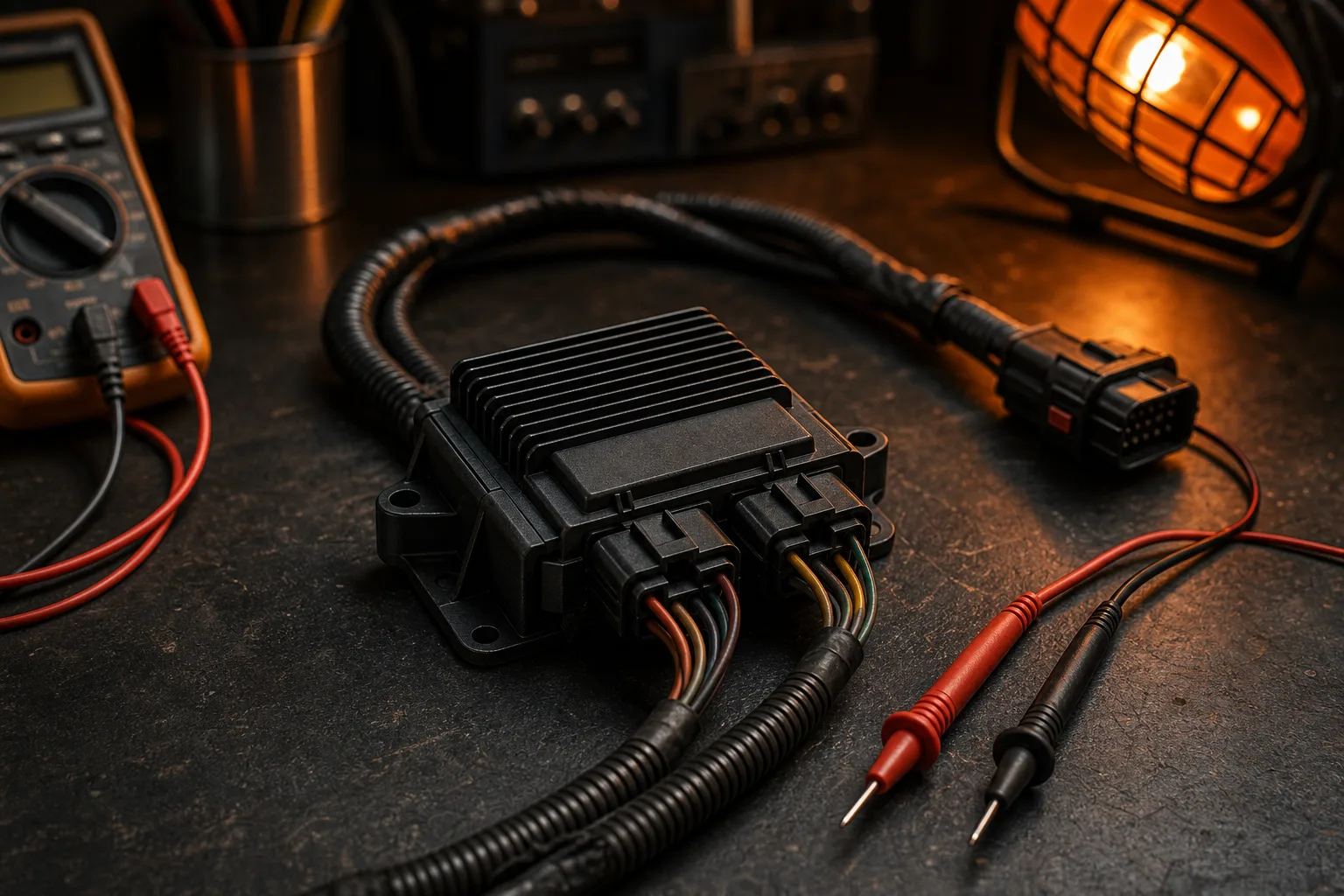 Cooling fan control module with wiring harness on diagnostic bench, 1200x800