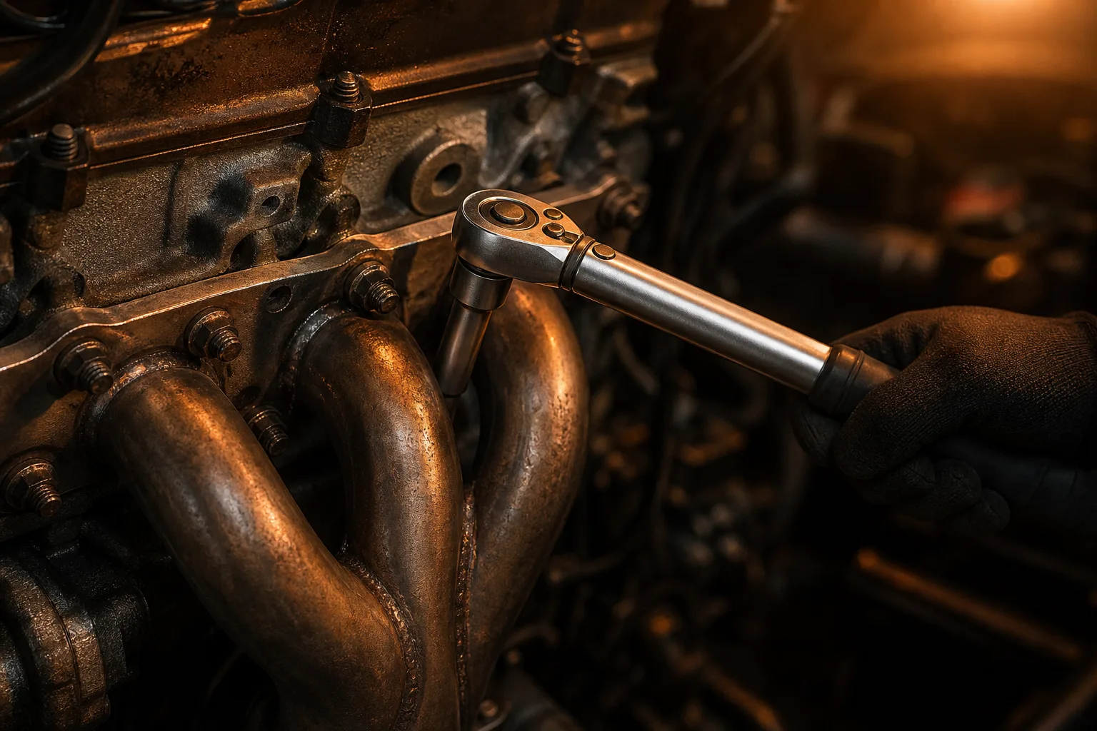Technician applying torque wrench to exhaust manifold flange bolts, 1200x800
