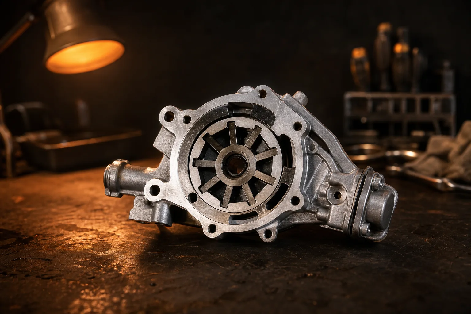 Variable displacement oil pump removed from engine block on workbench, 1200x800