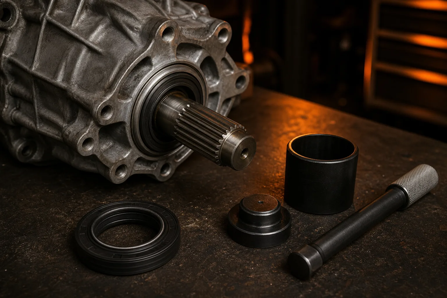 Transfer case with new output shaft seal ready for installation, 1200x800