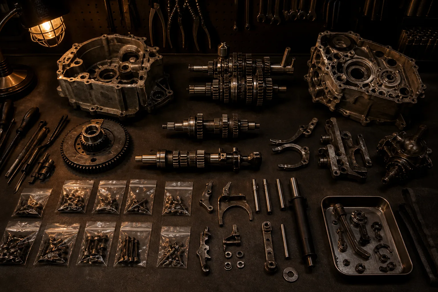 Technician performing controlled disassembly with labeled fasteners on a workbench, 1200x800